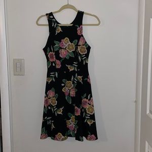 Aqua, black dress with embroidered flowers